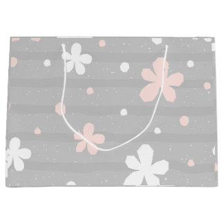 Gray & White Floral Dots Pattern Large Gift Bag