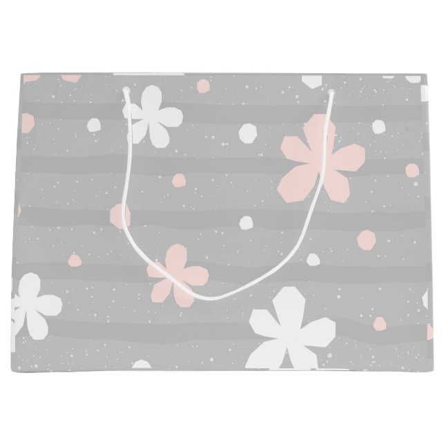 Gray & White Floral Dots Pattern Large Gift Bag (Front)