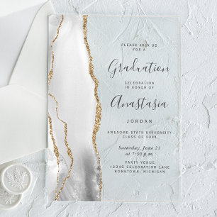 Gray White Gold Agate Gray Text Graduation Acrylic Invitations