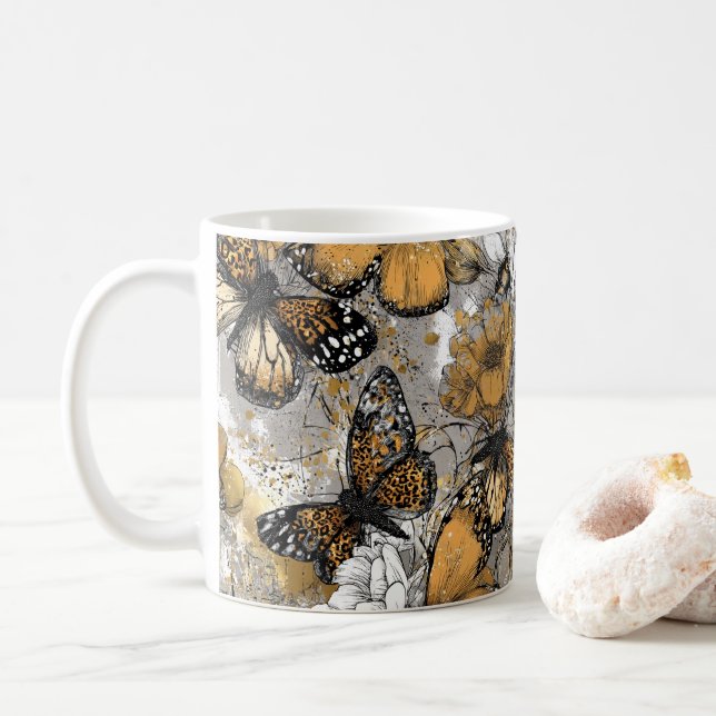 Gray White Gold Floral Butterflies Elegant Coffee Mug (With Donut)