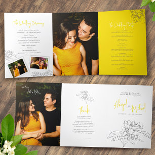 Gray white lemon yellow blossom photos wedding Tri-Fold programme
