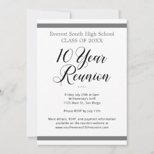 Gray & White Minimalist Ten 10 Year Class Reunion Invitation