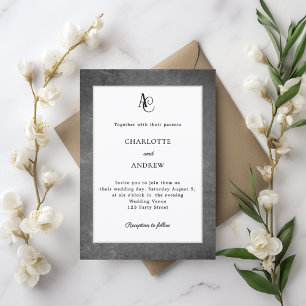 Gray white modern monogram rustic wedding invitation