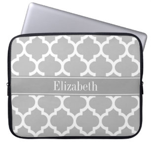 Gray White Moroccan #5 Dark Gray Name Monogram Laptop Sleeve
