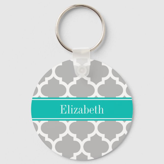 Gray White Moroccan #5 Teal Name Monogram Key Ring (Front)