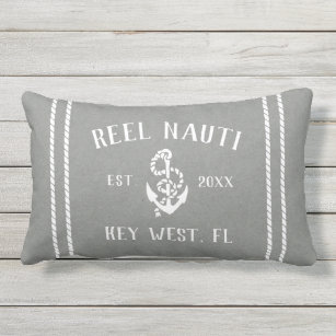Gray & White Personalized Boat Name Anchor Lumbar Cushion