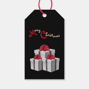 Gray White Pinstripe Presents Red Bow on Black Gift Tags