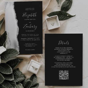 Gray White Silver Agate Slate QR Code Wedding Invitation
