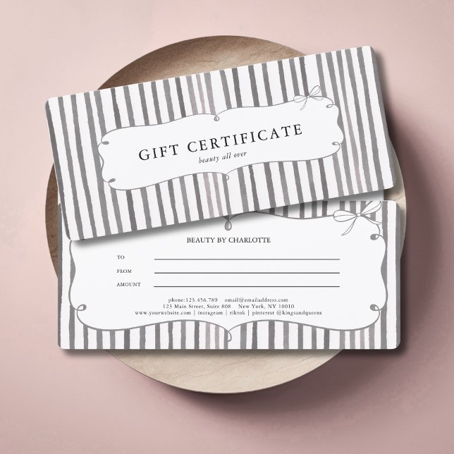 Gray White Stripe Vintage Bow Gift Certificate (Gray White Stripe Vintage Bow Gift Certificate)