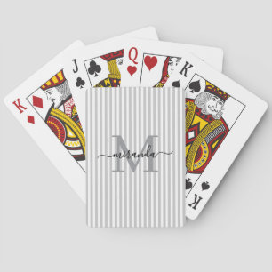 Gray & White Striped Monogram Name Playing Cards