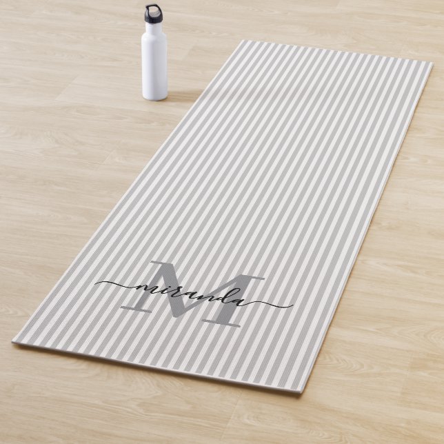 Gray & White Stripes Monogram Name Yoga Mat (In Situ)