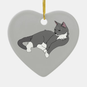 Gray & White Tuxedo Cat Ceramic Tree Decoration
