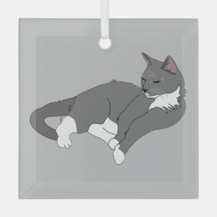 Gray & White Tuxedo Cat Glass Tree Decoration