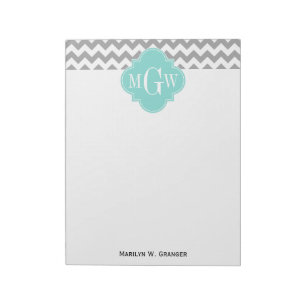 Gray Wht Chevron Aqua Quatrefoil 3 Monogram Notepad
