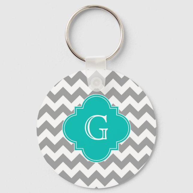 Gray Wht Chevron ZigZag Teal Quatrefoil Monogram Key Ring (Front)