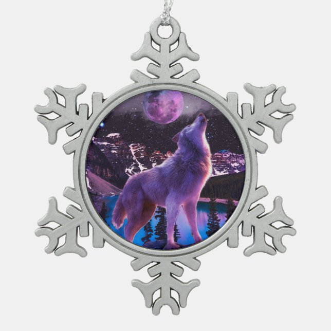 Gray wolf howling in forest snowflake pewter christmas ornament (Front)