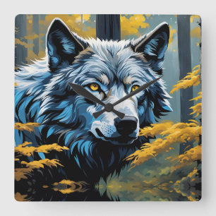 Gray Wolf in Golden Forest Square Wall Clock