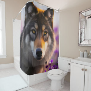 Gray wolf in purple flowers   shower curtain