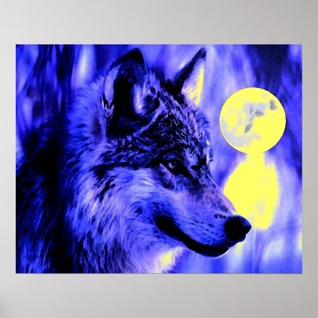 Gray Wolf & Moon Poster Print - Blue Night Wolves (Front)