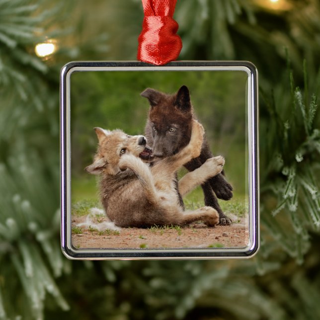 Gray Wolf Pups Wrestling Metal Tree Decoration (Tree)