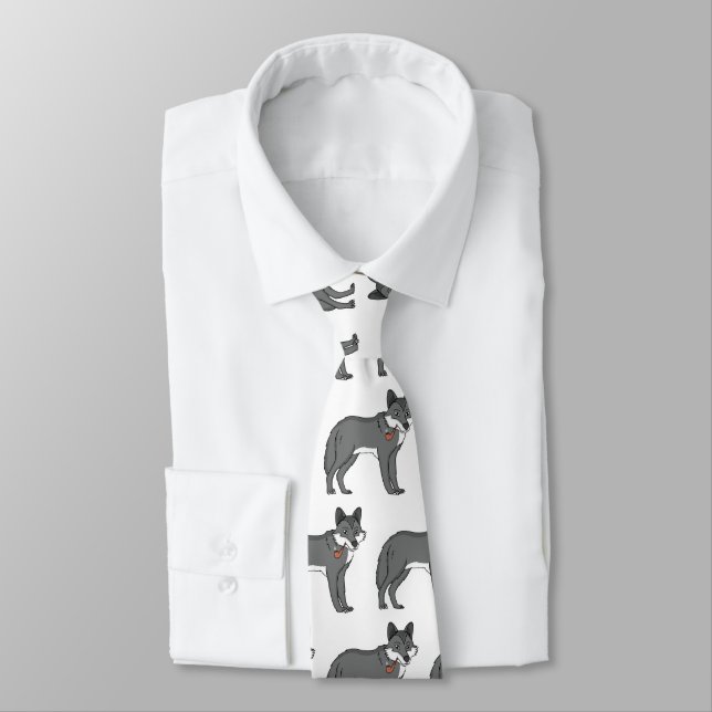 Gray wolf with pipe cartoon illustration tie (Tied)