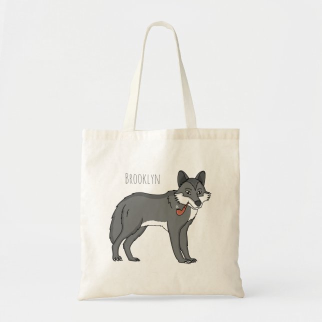Gray wolf with pipe cartoon illustration tote bag (Front)