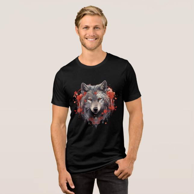 Gray Wolf with Red Flowers Illustration Tri-Blend Shirt (Front Full)