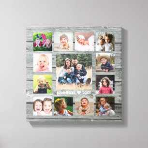 Gray Wood 13 Photo Collage Family Name Keepsake Canvas Print