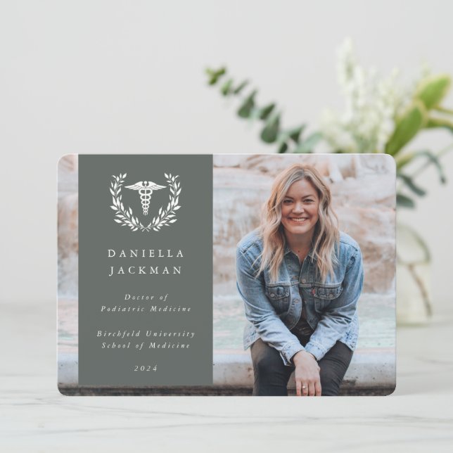 GrayGreen Caduceus Medical School Graduation Photo Announcement (Standing Front)