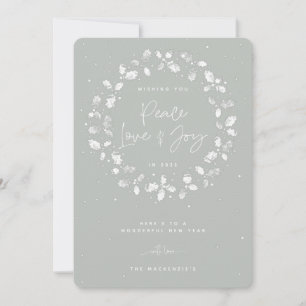 GrayGreen Peace Love+Joy Hand Printed Holly Wreath Holiday Card