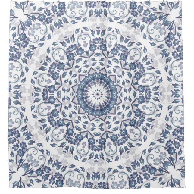 Grayish Blue Floral Mandala Shower Curtain (Front)