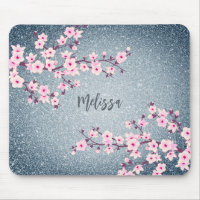Grayish Blue Glitter Cherry Blossom Monogram