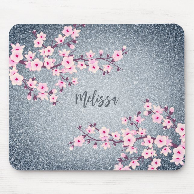 Grayish Blue Glitter Cherry Blossom Monogram  Mouse Pad (Front)