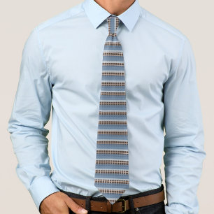 Grayish Blue Stripes On Creamy Tan Grid On Brown Tie