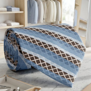 Grayish Blue Stripes On Creamy Tan Grid On Brown Tie