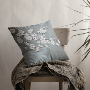 Grayish Blue White Floral Cherry Blossoms Cushion