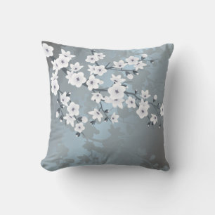 Grayish Blue White Floral Cherry Blossoms Outdoor Cushion