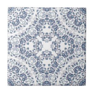 Grayish  Blue White Floral Mandala Tile
