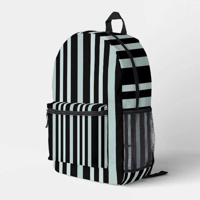 Grayish Grey Green Line Stripes On Black  Printed Backpack (Back Corner Right)