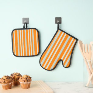 Grayish Grey Green Line Stripes On Orange Oven Mitt & Pot Holder Set