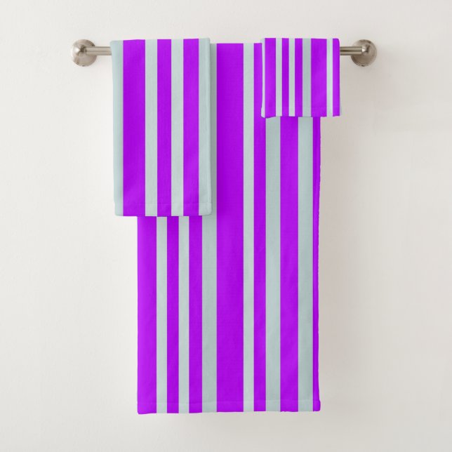 Grayish Grey Green Line Stripes On Pretty Purple  Bath Towel Set (Insitu)