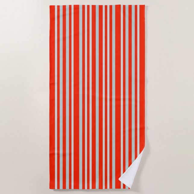 Grayish Grey Green Line Stripes On Red  Beach Towel (Front)