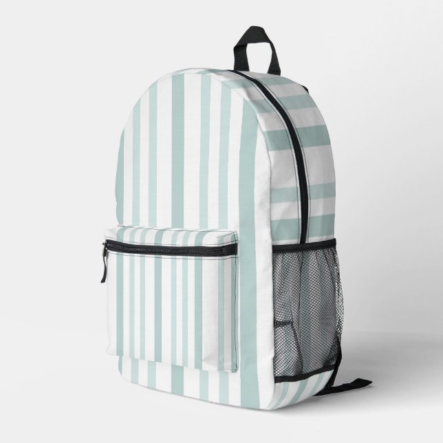 Grayish Grey Green Line Stripes On White Printed Backpack (Back Corner Right)