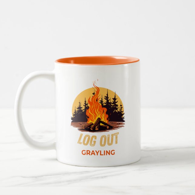 Grayling Michigan Campfire Two-Tone Coffee Mug (Left)