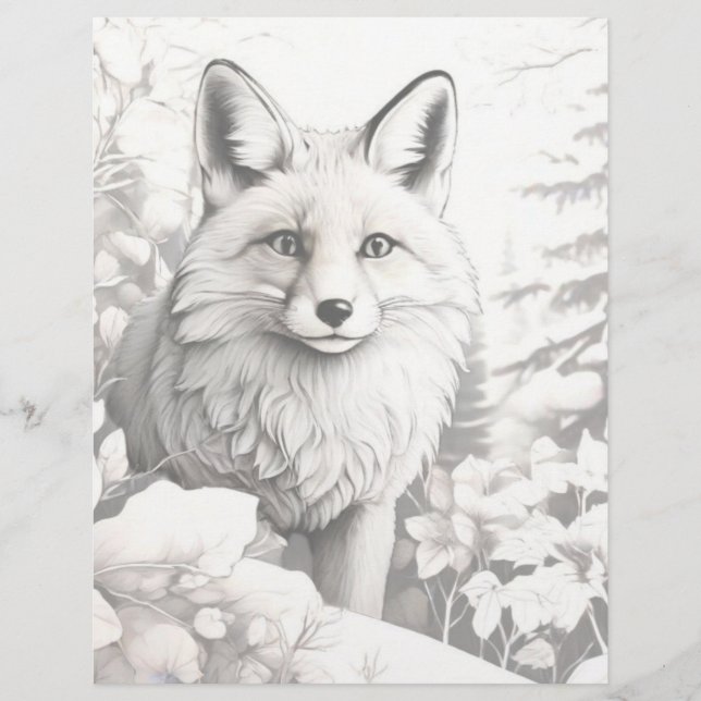 Grayscale Colouring Page - Winter Fox in Snow (Front)