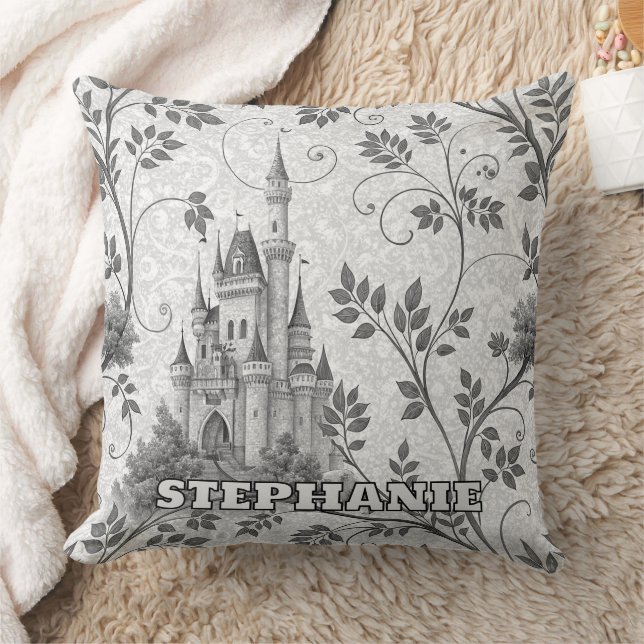 Grayscale Fairytale Castle with Ornate Vine Border Cushion (Blanket)