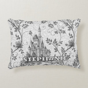 Grayscale Fairytale Castle with Ornate Vine Border Decorative Cushion