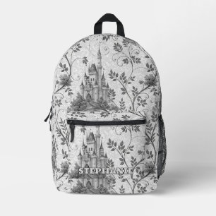Grayscale Fairytale Castle with Ornate Vine Border Printed Backpack