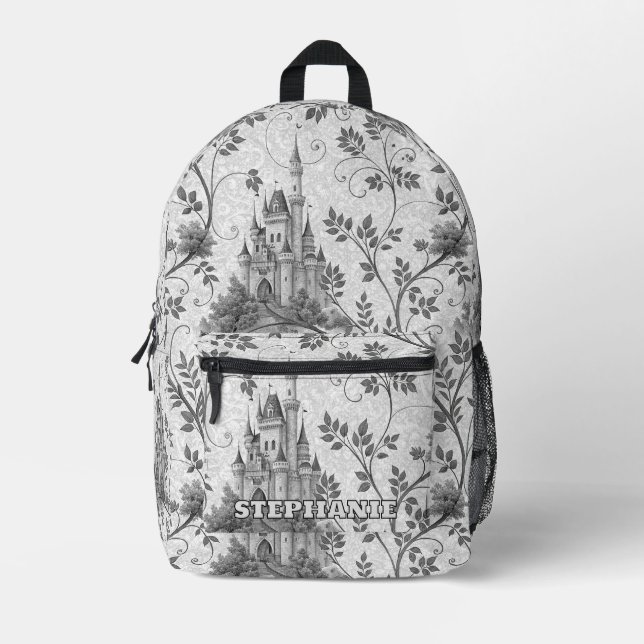 Grayscale Fairytale Castle with Ornate Vine Border Printed Backpack (Front)