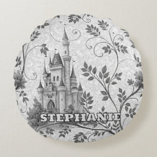 Grayscale Fairytale Castle with Ornate Vine Border Round Cushion
